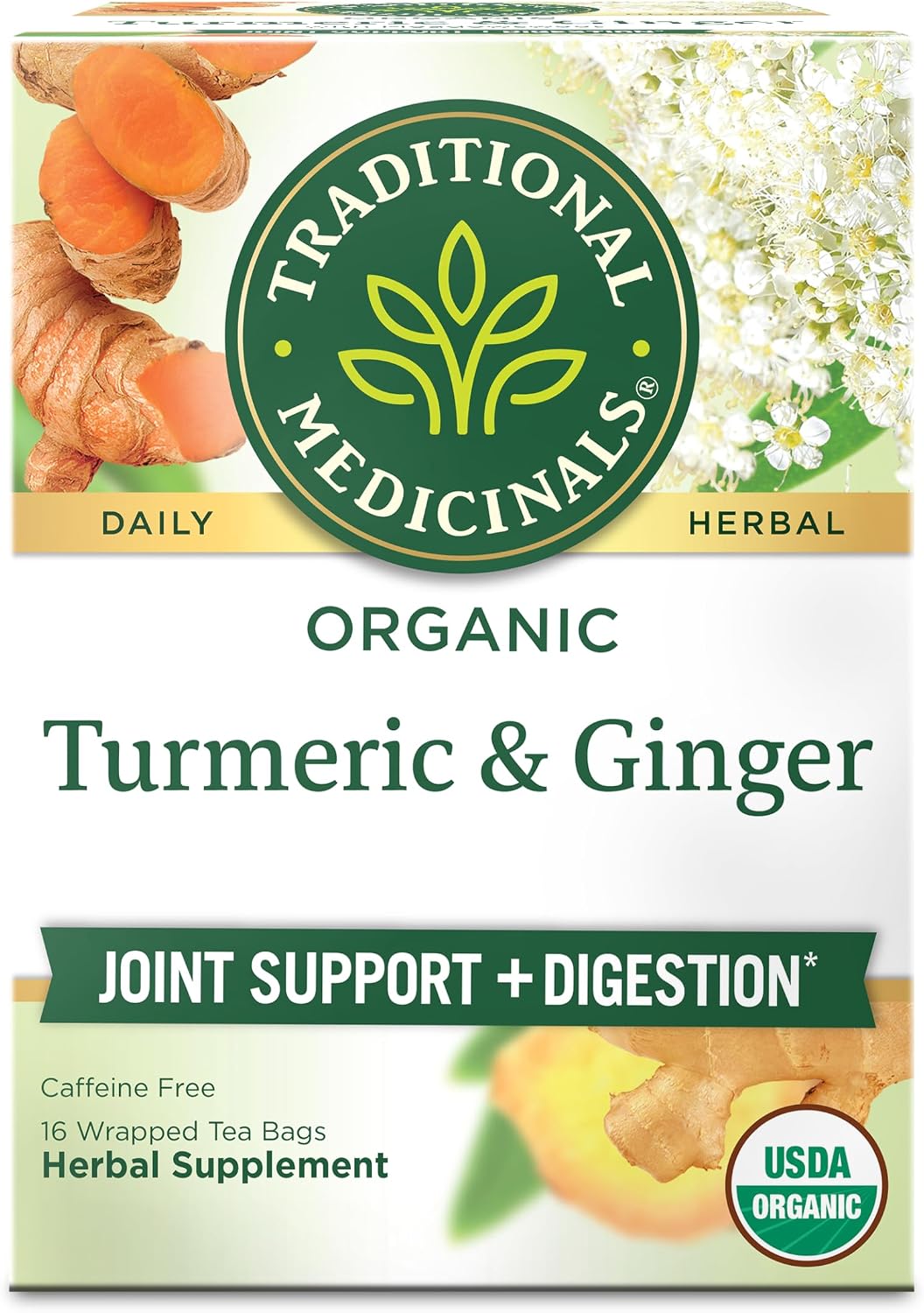 Traditional Medicinals Organic, Turmeric Tea with Ginger & Meadowsweet - Supports Normal Response to Inflammation - Kosher, Non-GMO, Caffeine-Free, Compostable - 16 Tea Bags