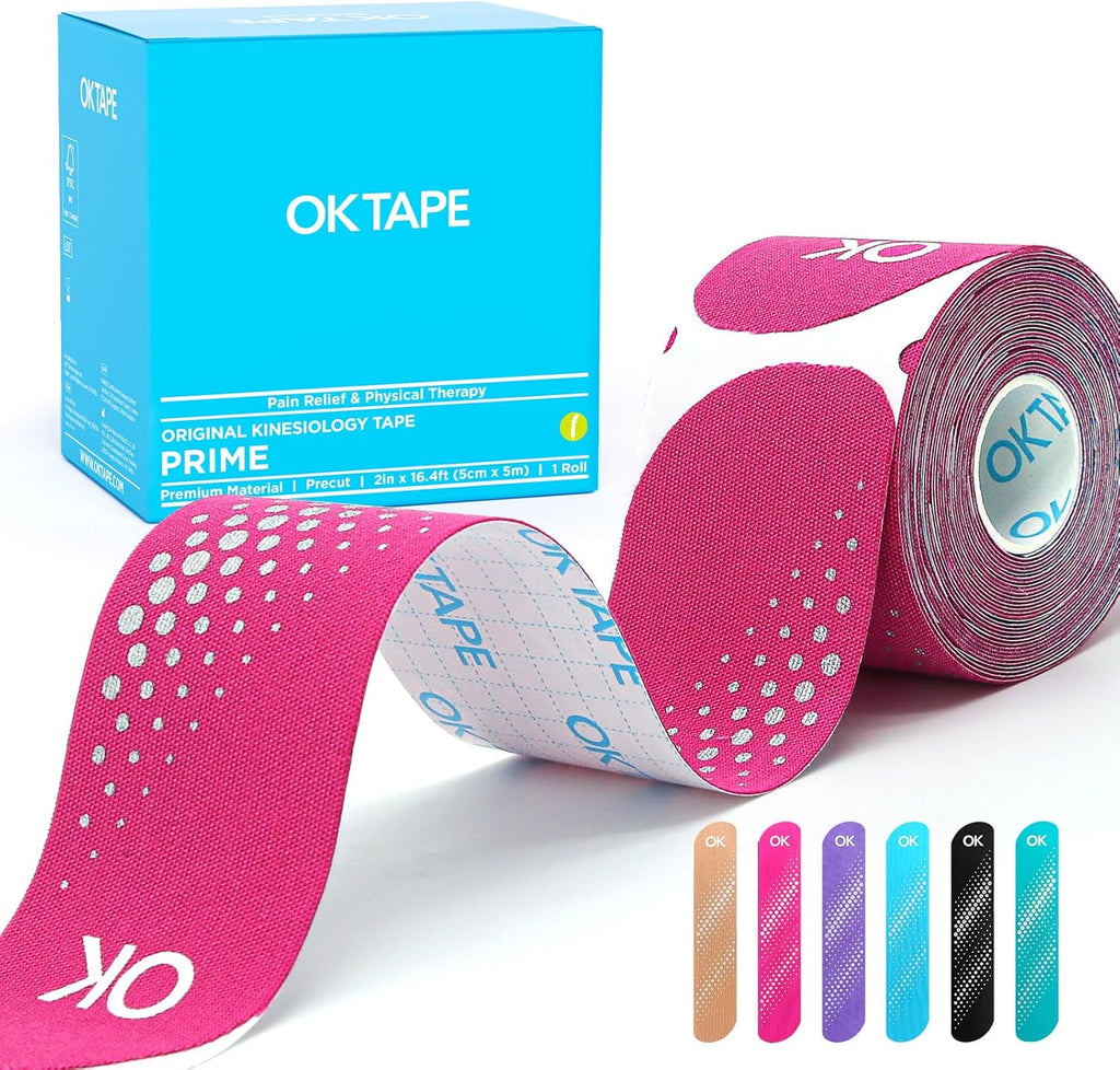 OK TAPE Synthetic Kinesiology Tape Precut Strips, Waterproof Kinesiology Athletic Tape for Joint & Muscle Support, Reflective and Durable Tape, 2in×16.4ft Roll 20PCS | Pink