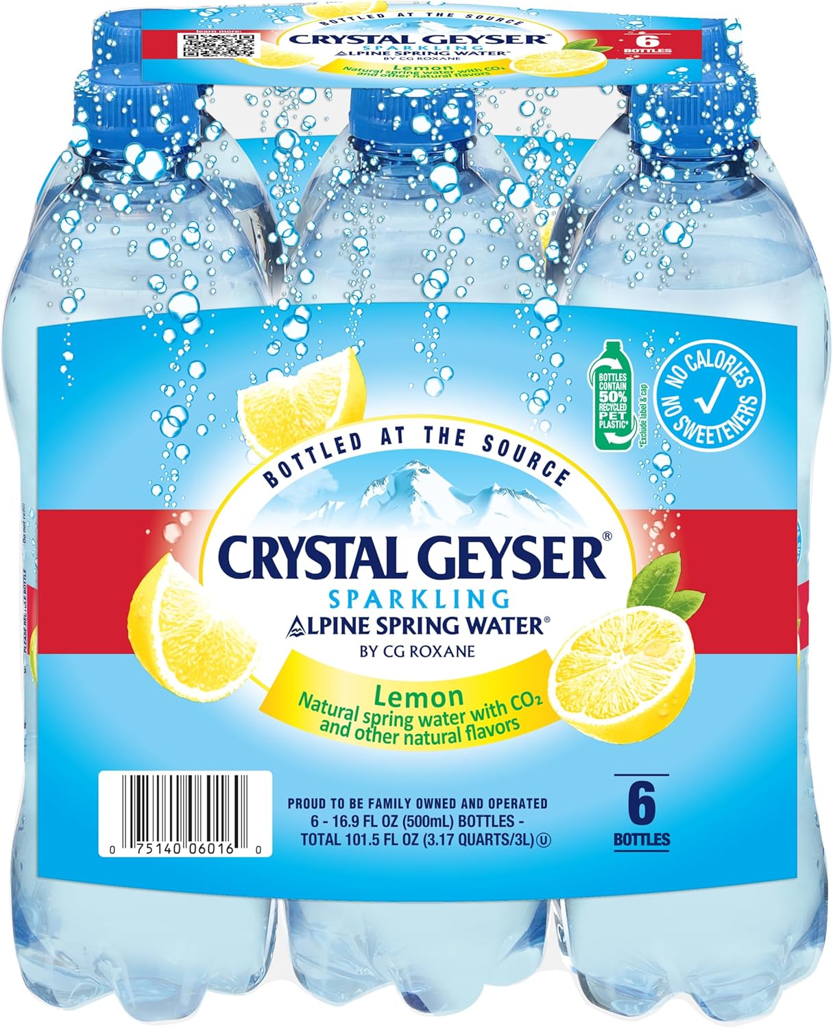 Crystal Geyser Sparkling Natural Alpine Spring Water, Lemon and Other Natural Flavors, 6-Pack, 16.9oz Bottles, Zero Calories and No Sweeteners, Bottled at The Spring Source