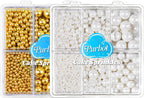 White and Gold Pearl Sprinkles for Cake Decorating(2-Pack), 4 Sizes Sugar 9.2oz, Cupcake, Ice Cream, Donuts, Macaron Toppings Supplies (2mm, 4mm, 7mm, 1cm)