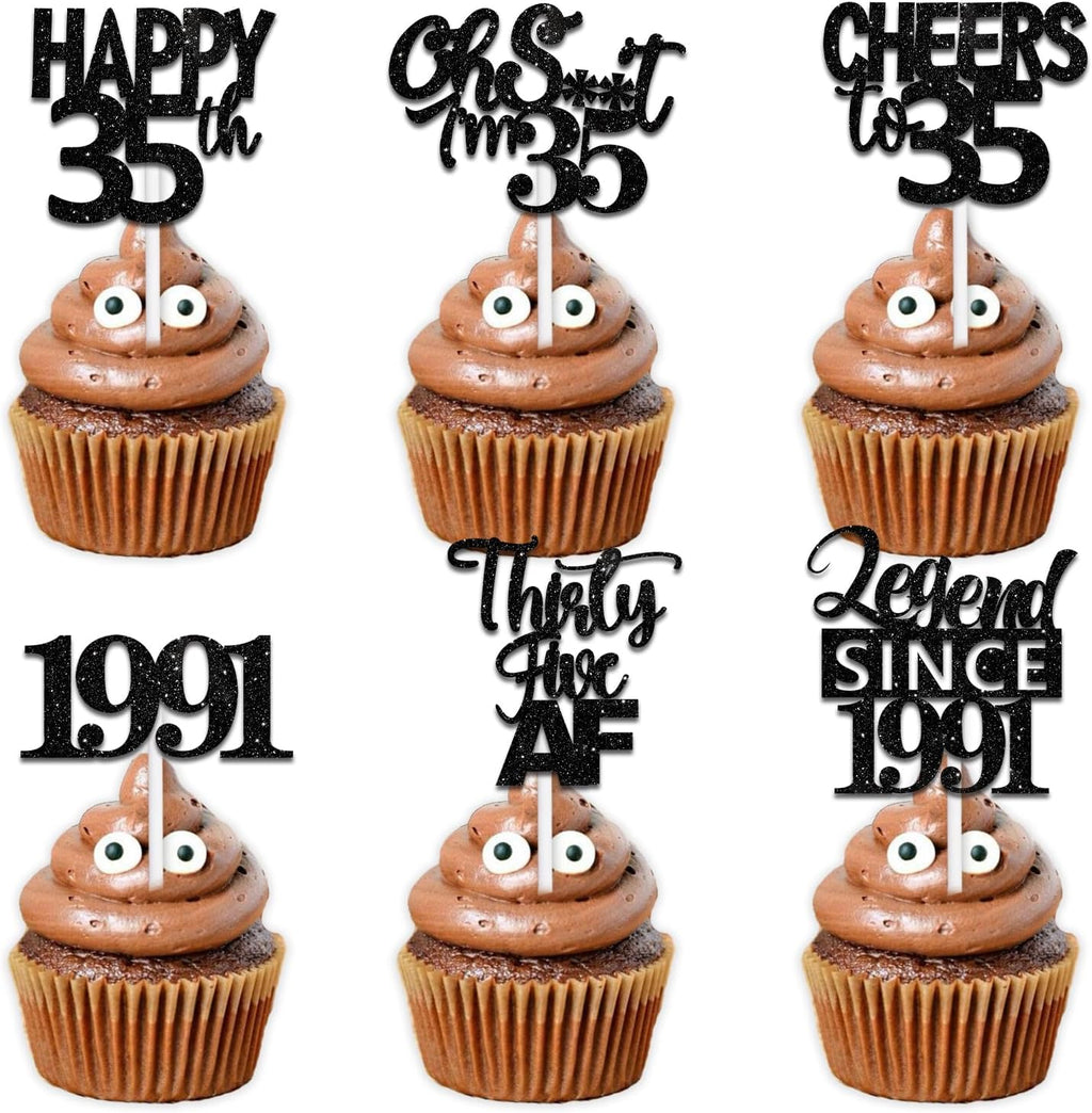 18pcs Black Glitter Happy 35th Dessert Cupcake Topper Pick for Funny Legend Since 1991 Theme Decor Supplies Men Women Happy 35 Birthday Party Decoration