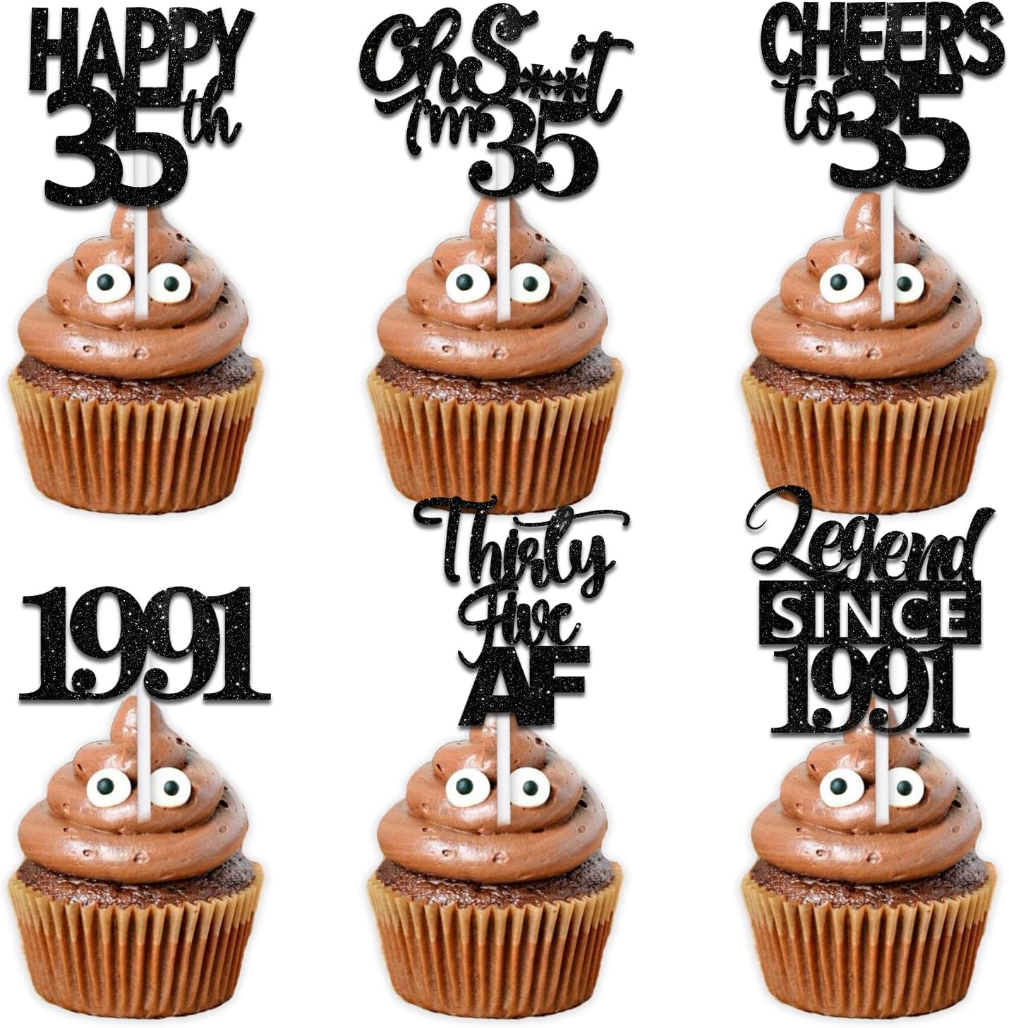 18pcs Black Glitter Happy 35th Dessert Cupcake Topper Pick for Funny Legend Since 1991 Theme Decor Supplies Men Women Happy 35 Birthday Party Decoration