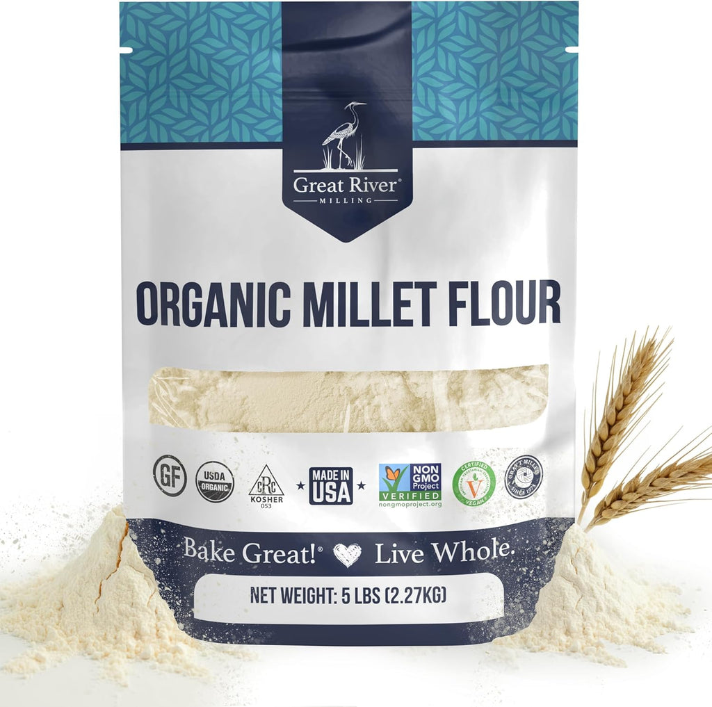 Great River Milling Organic Millet Flour | USDA Organic, Naturally Gluten Free, Non-GMO, Vegan, Kosher | Mild, Nutty Flavor for Baking, Flatbreads, Pancakes & Porridge | 5 Lb.