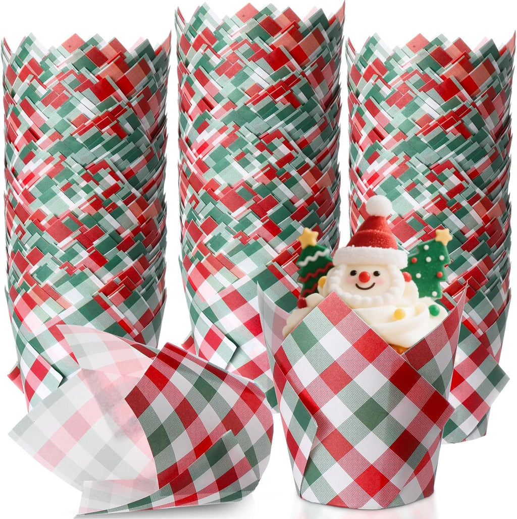 Maxdot 200 Pcs Christmas Plaid Tulip Cupcake Liners for Baking Red & Green Gingham Paper Muffin Baking Cups Checkered Tulip Muffin Liners Wrappers for Xmas Winter Party Kitchen Supplies