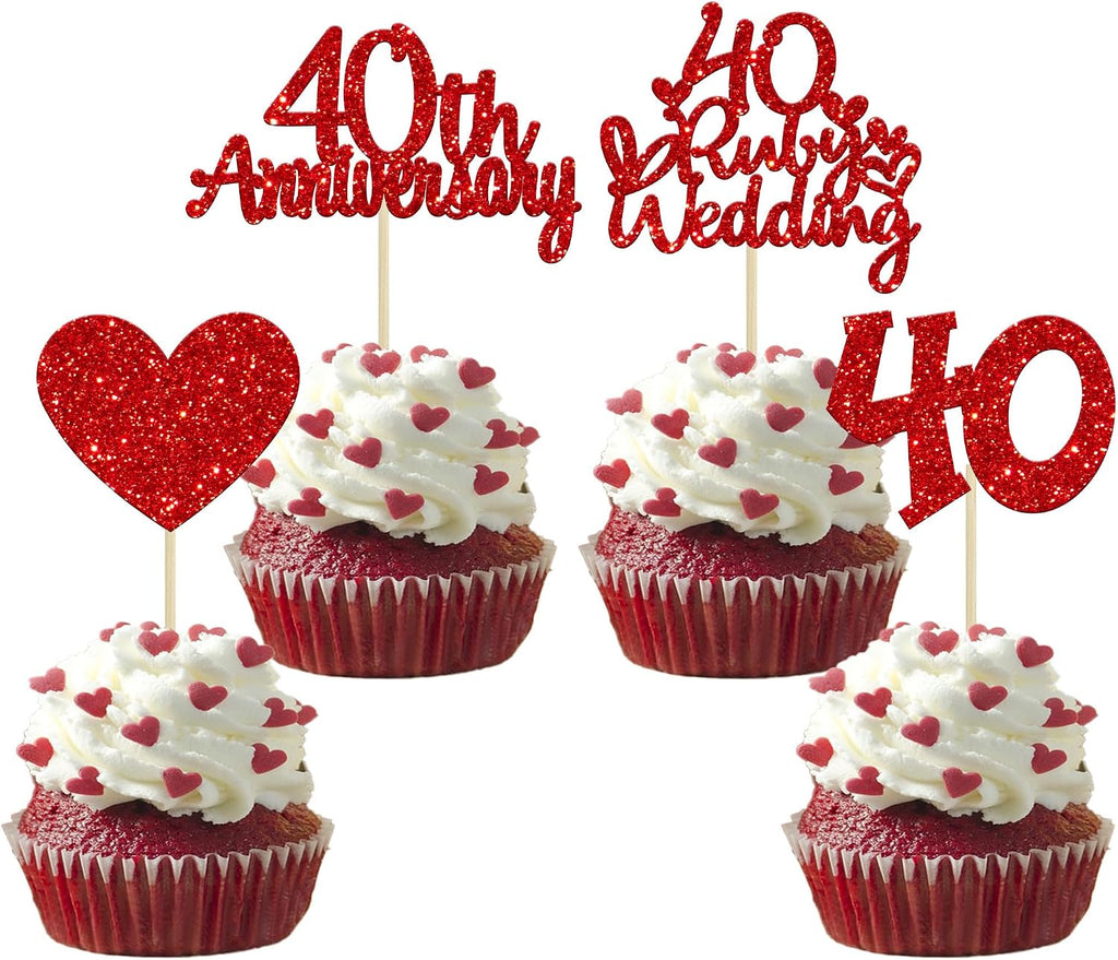 Gyufise 24Pcs 40th Anniversary Cupcake Toppers Heart Cake Toppers Ruby Wedding Anniversary Heart Cake Decoration for 40 Years and Love Celebration Party Supplies