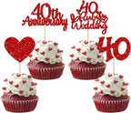 Gyufise 24Pcs 40th Anniversary Cupcake Toppers Heart Cake Toppers Ruby Wedding Anniversary Heart Cake Decoration for 40 Years and Love Celebration Party Supplies