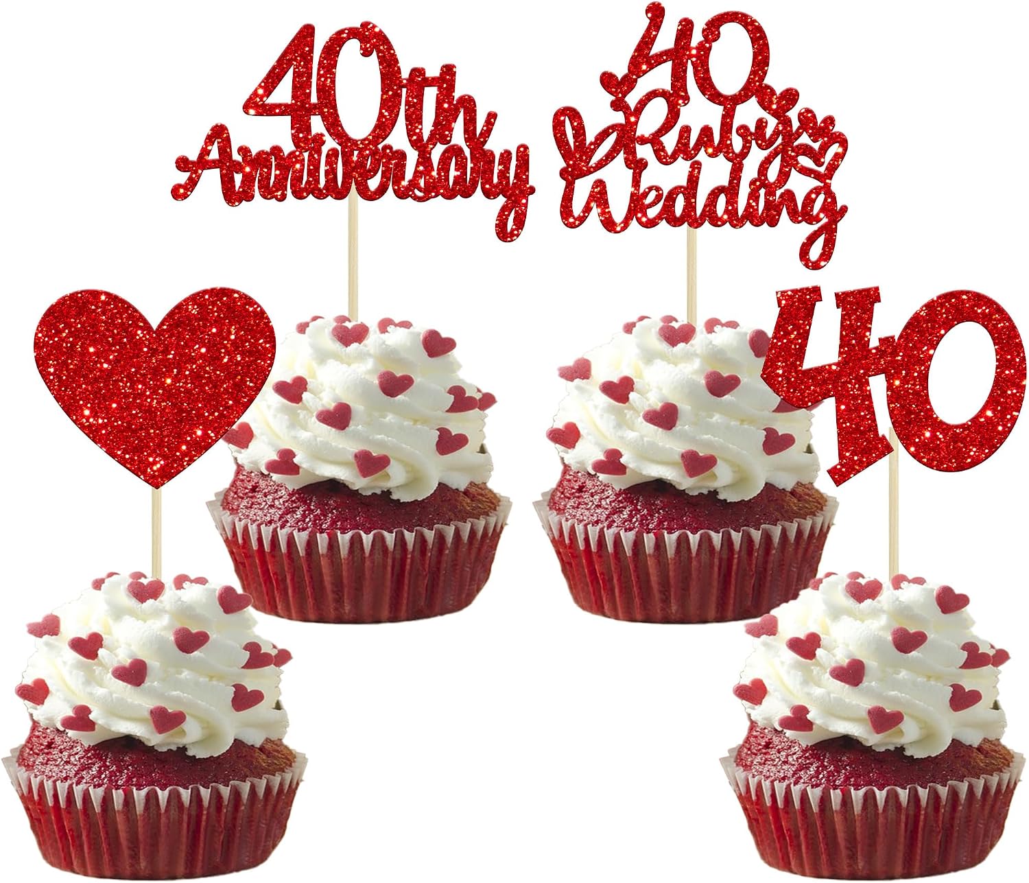 Gyufise 24Pcs 40th Anniversary Cupcake Toppers Heart Cake Toppers Ruby Wedding Anniversary Heart Cake Decoration for 40 Years and Love Celebration Party Supplies