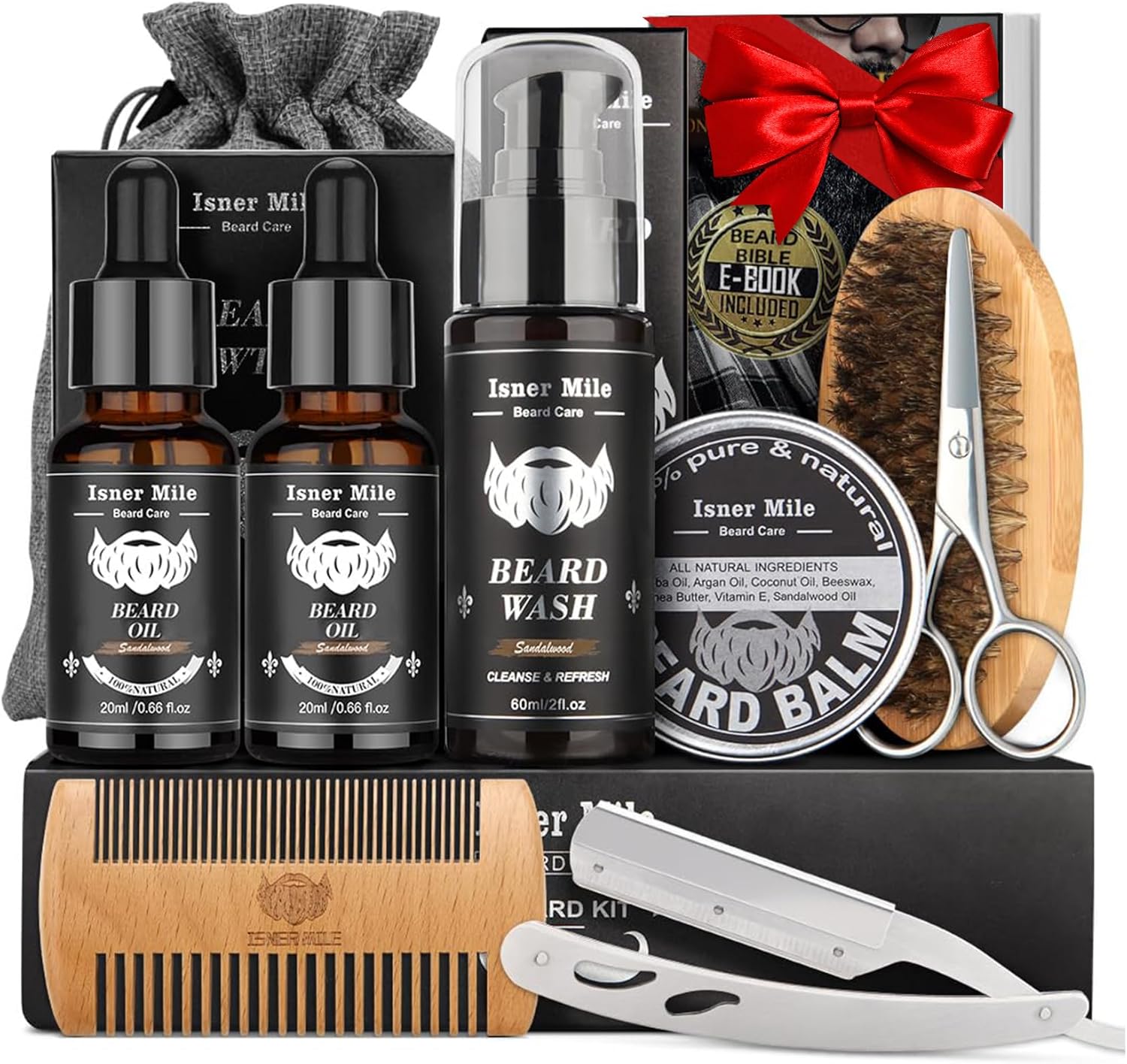 Isner Mile Beard Grooming Kit for Men Care: with Beard Oil Balm Wash Brush Comb & Straight Razor, Birthday Valentines Fathers Gifts for Men Him Boyfriend Husband Coworker, Christmas Stocking Stuffers