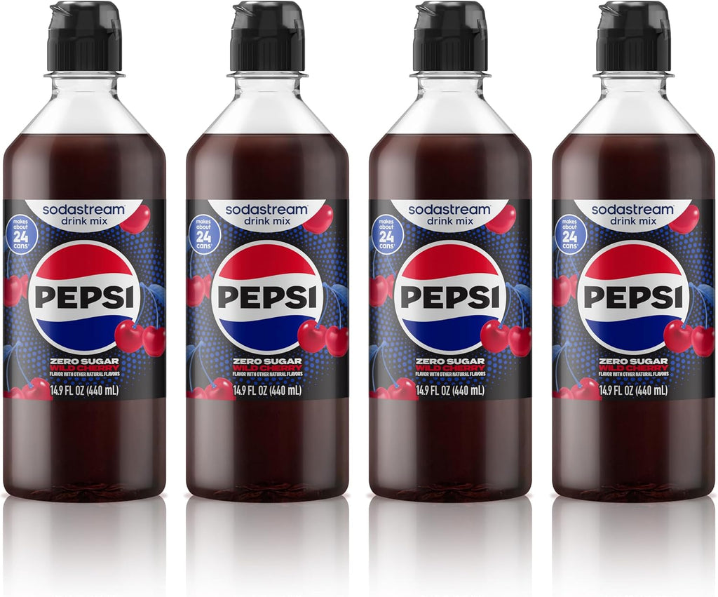 SodaStream Pepsi Wild Cherry Zero Sugar New Pour Bottles Drink Mix (440ml, Pack of 4)