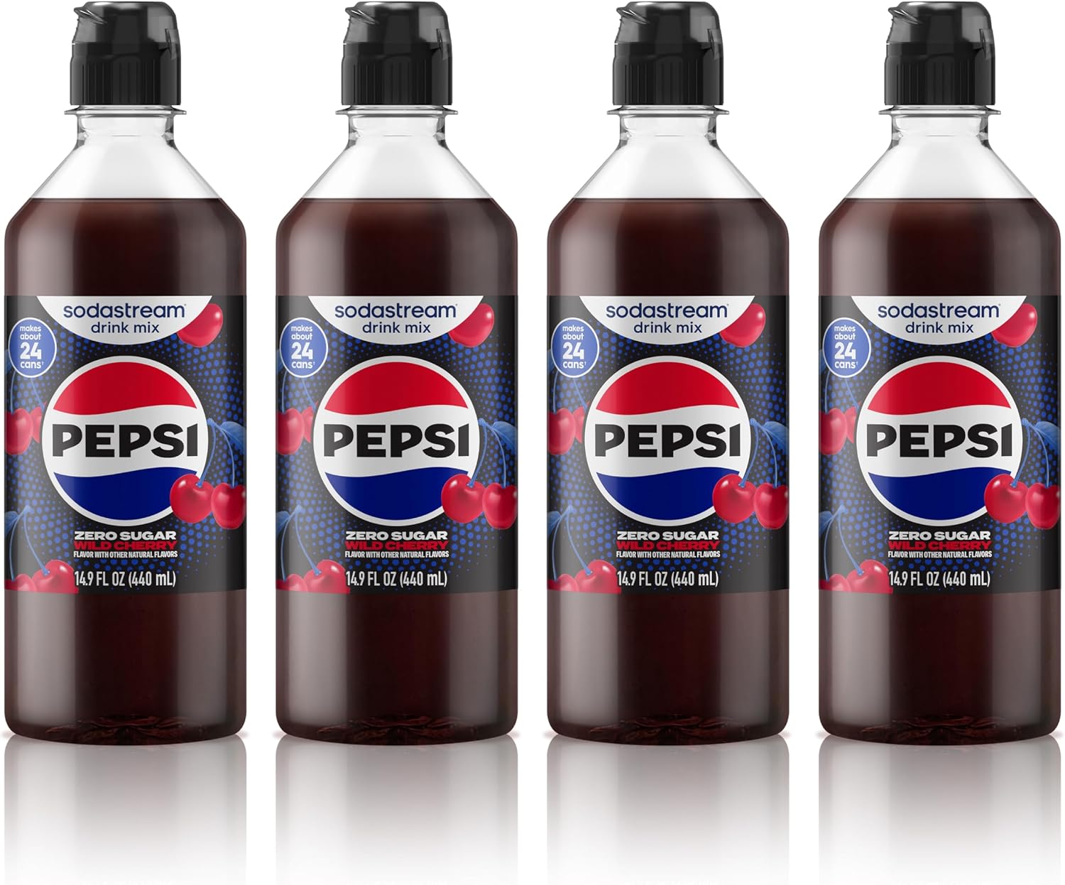 SodaStream Pepsi Wild Cherry Zero Sugar New Pour Bottles Drink Mix (440ml, Pack of 4)