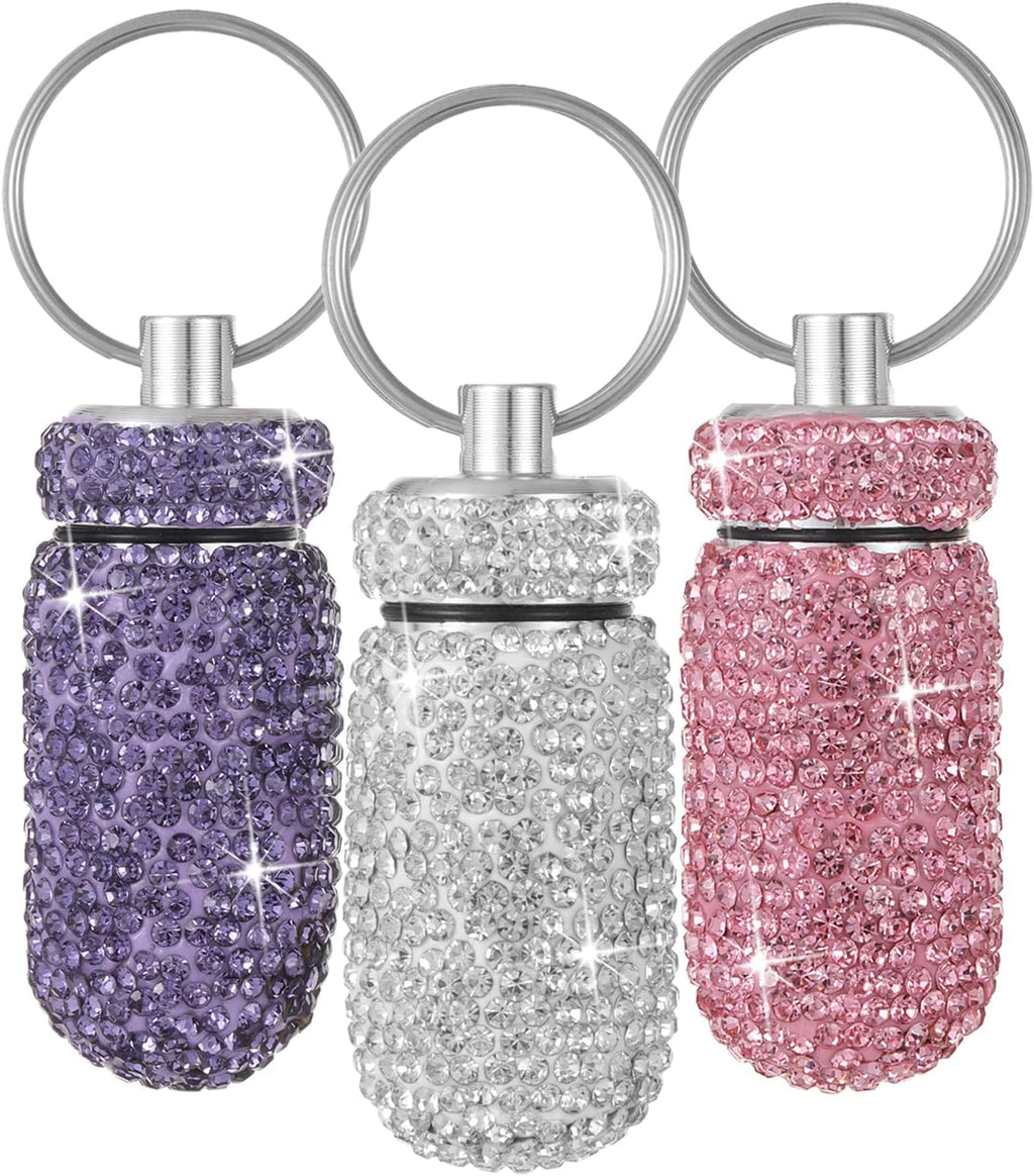 Bling Pill Case Portable Travel Pill Container Bottle Rhinestone Waterproof Small Pill Holder with Keychain Cute Mini Pill Storage Box for Outdoor Camping (White Pink Purple)