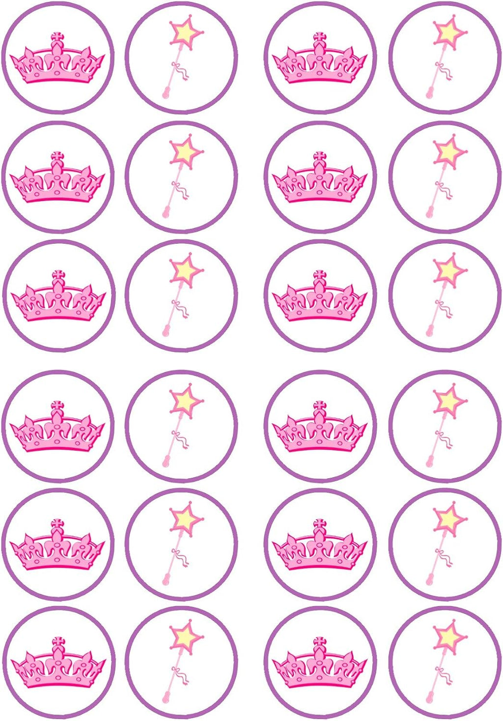 Tiara Princess Cupcake Toppers, Wand and Crown Edible Cake Decorations, Princess Party Decorations for Cake Decorating, Baby Shower Cupcake Toppers 24 x 4cm / 1.5 inch UNCUT