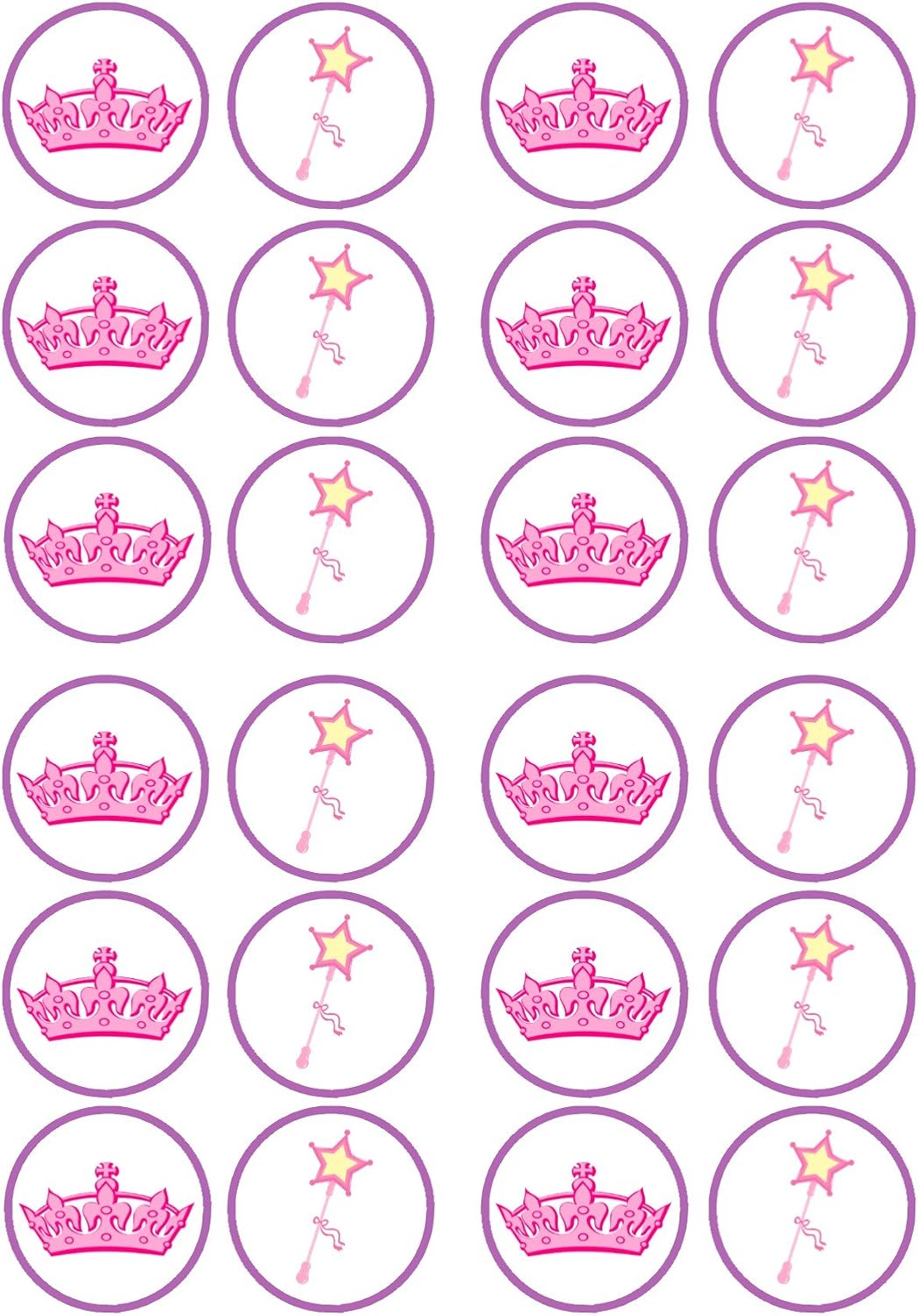 Tiara Princess Cupcake Toppers, Wand and Crown Edible Cake Decorations, Princess Party Decorations for Cake Decorating, Baby Shower Cupcake Toppers 24 x 4cm / 1.5 inch UNCUT