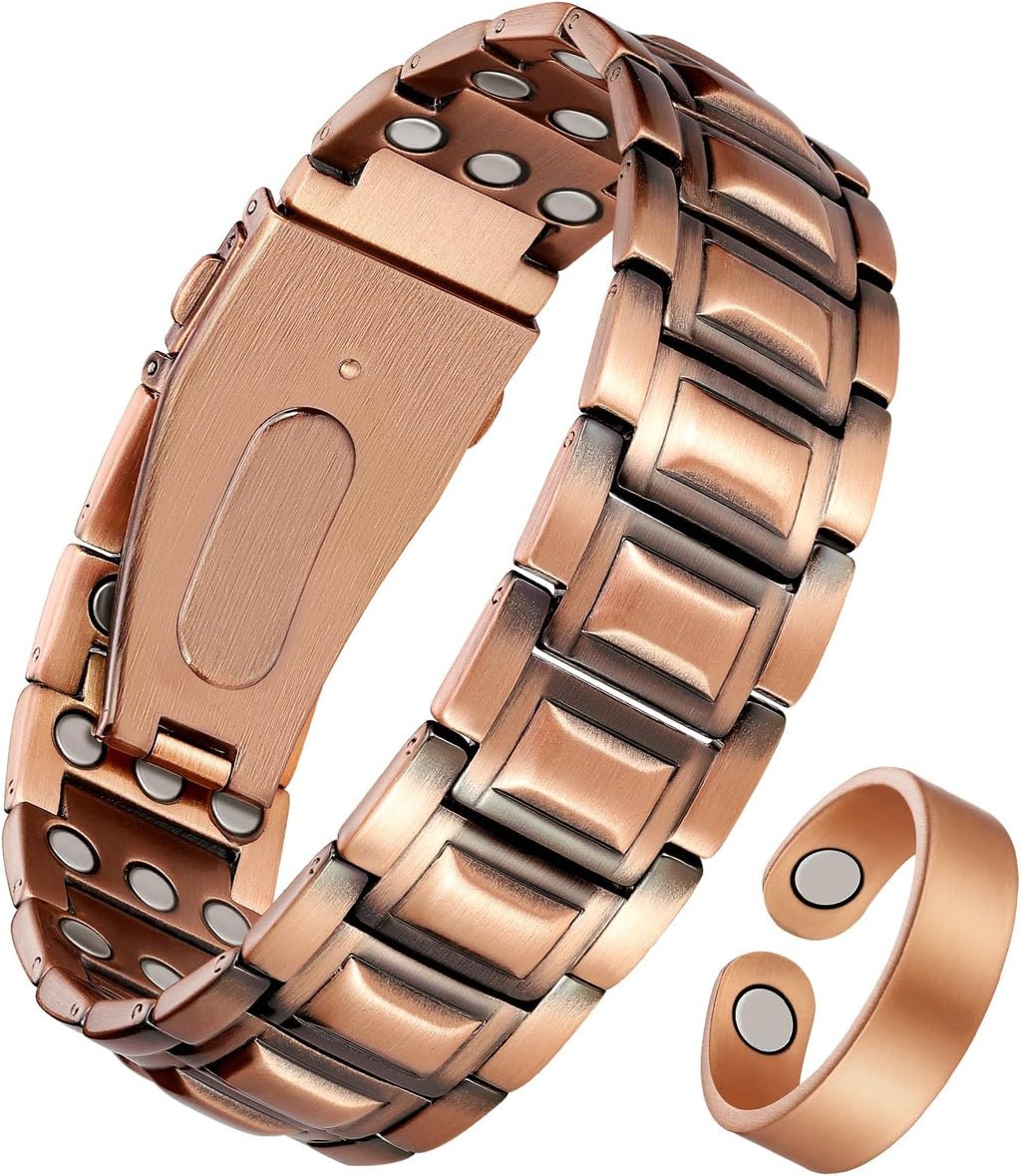 Jeracol 3X Strength Magnetic Copper Bracelet for Men - 99.9% Pure Copper Bracelet & Ring Set - Premium Fold-Over Clasp and Adjustable Length Sizing Tool & Jewelry Box