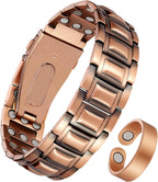Jeracol 3X Strength Magnetic Copper Bracelet for Men - 99.9% Pure Copper Bracelet & Ring Set - Premium Fold-Over Clasp and Adjustable Length Sizing Tool & Jewelry Box