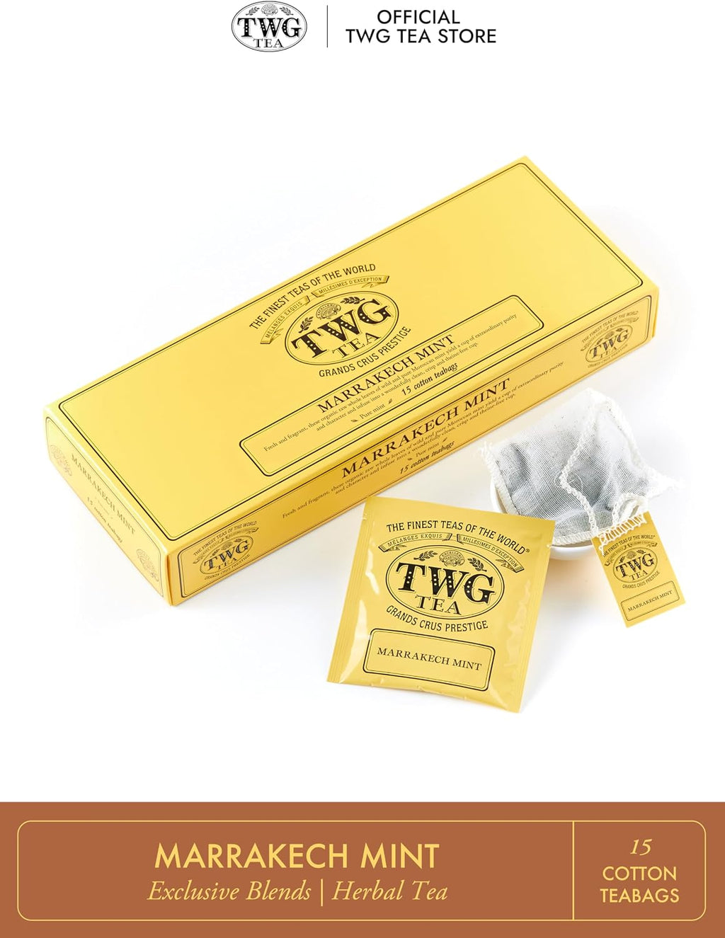 TWG Tea | Marrakech Mint | Herbal Tea | Mint Leaves | 15 Hand Sewn Cotton Teabags | Gift Set