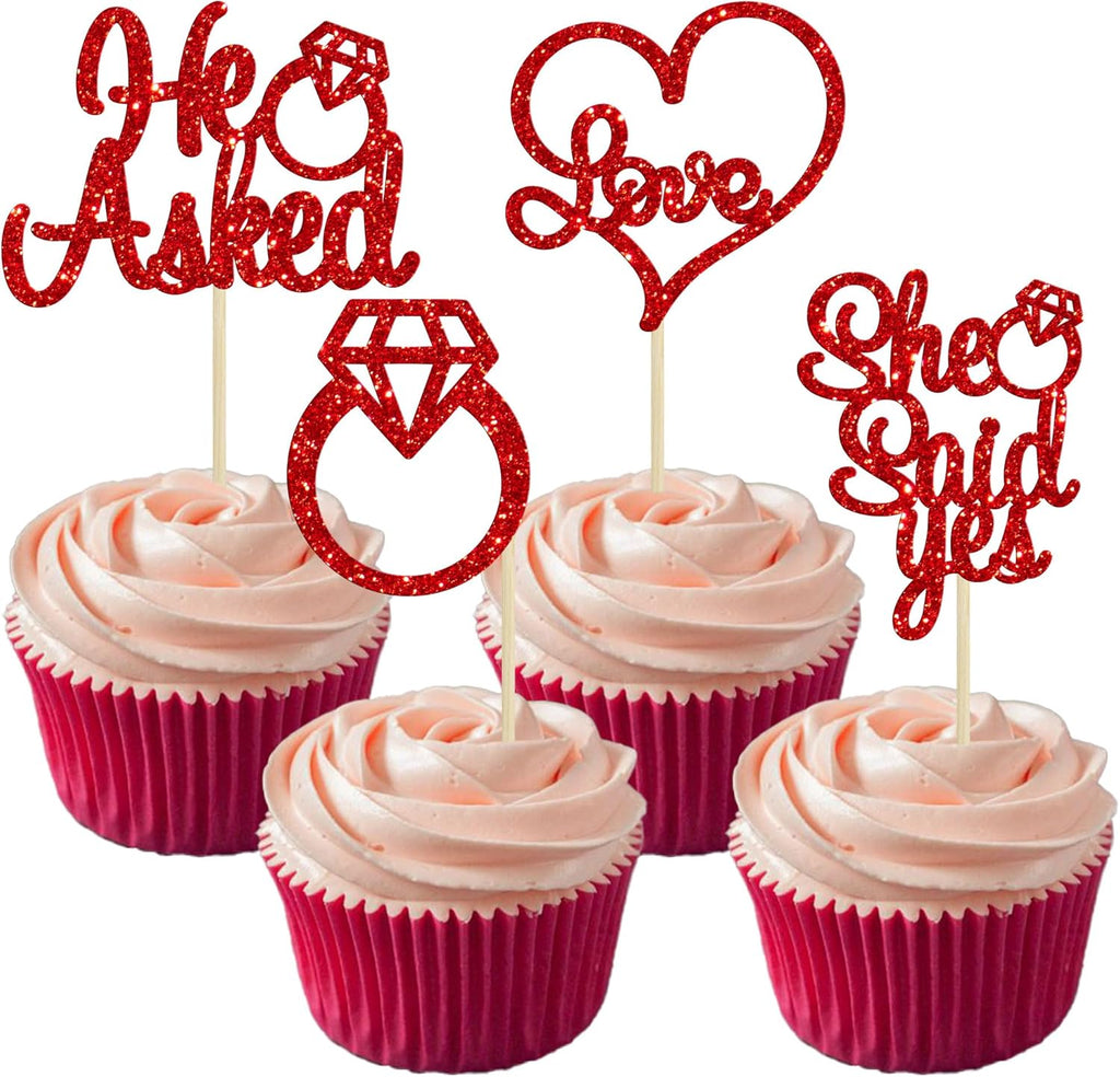 Gyufise 24 Pieces Red Glitter Engagement Cupcake Toppers He Asked She Said Yes Diamond Ring Heart Cupcake Picks for Wedding Bridal Shower Party Cake Decorations