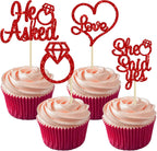 Gyufise 24 Pieces Red Glitter Engagement Cupcake Toppers He Asked She Said Yes Diamond Ring Heart Cupcake Picks for Wedding Bridal Shower Party Cake Decorations