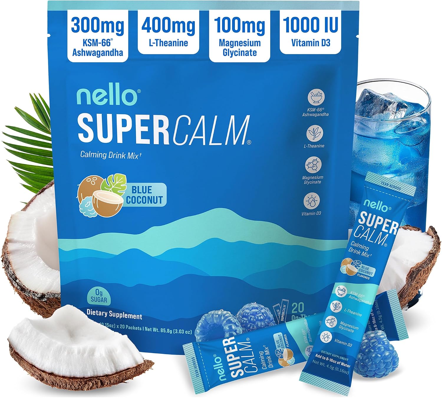 Nello Supercalm Drink Mix with Magnesium Glycinate, KSM 66 Ashwagandha, Vitamin D3 and L Theanine, Calm Powder Supplements for Relaxation Support, No Sugar, Travel Packets, 20 Ct, Blue Coconut