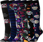 6 Pairs Sugar Skull Socks for Women Men Novelty Skeleton Knee High Socks Colorful Calaveras Gothic Gift for Sugar Skull Lovers