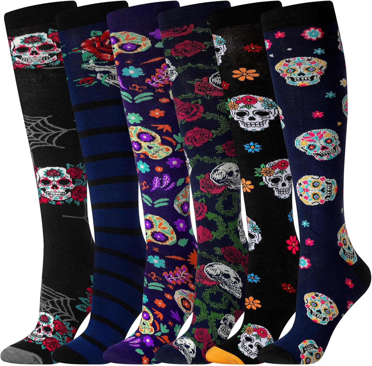 6 Pairs Sugar Skull Socks for Women Men Novelty Skeleton Knee High Socks Colorful Calaveras Gothic Gift for Sugar Skull Lovers