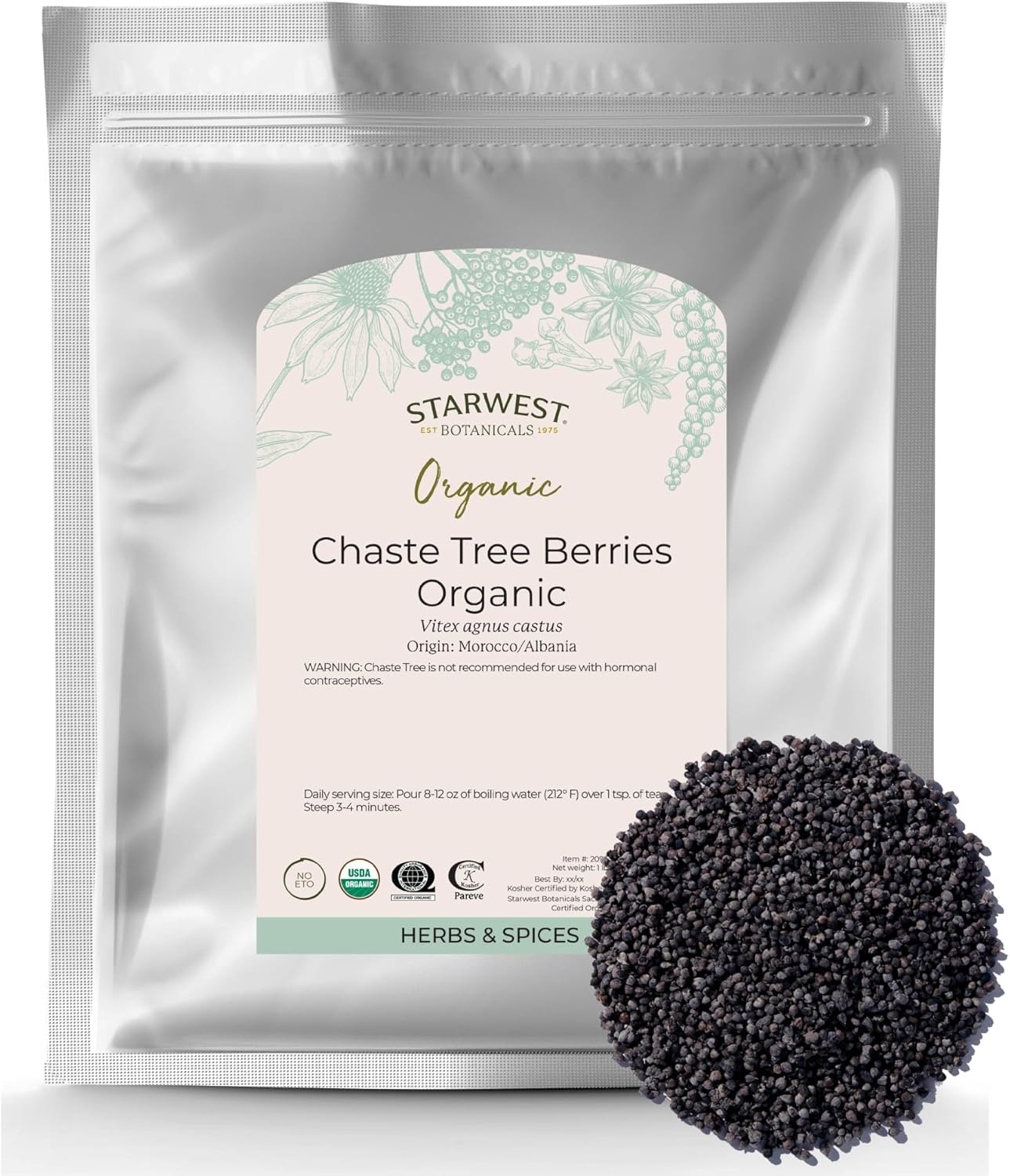 Starwest Botanicals Organic Chaste Tree Berries Whole, 1 Lb