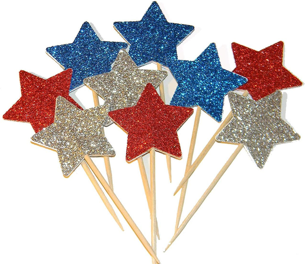 36 Pieces Glitter Star 4th of July Cupcake Toppers Glitter Gold Star Cakes Toppers for Independence Day 4th of July Party Supplies Favors(Blue Red White)