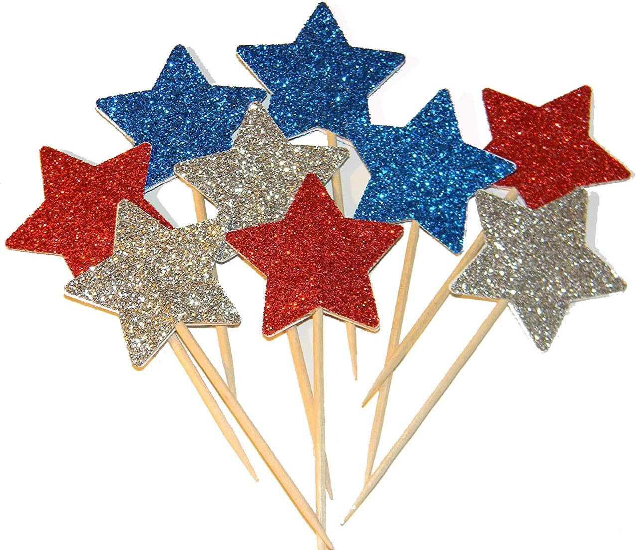 36 Pieces Glitter Star 4th of July Cupcake Toppers Glitter Gold Star Cakes Toppers for Independence Day 4th of July Party Supplies Favors(Blue Red White)