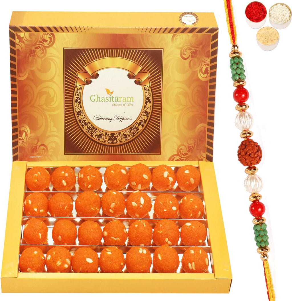 Ghasitaram Gifts Rakhi Gifts for Brothers Sugarfree Motichoor Ladoo Box 800 GMS with Beads Rakhi