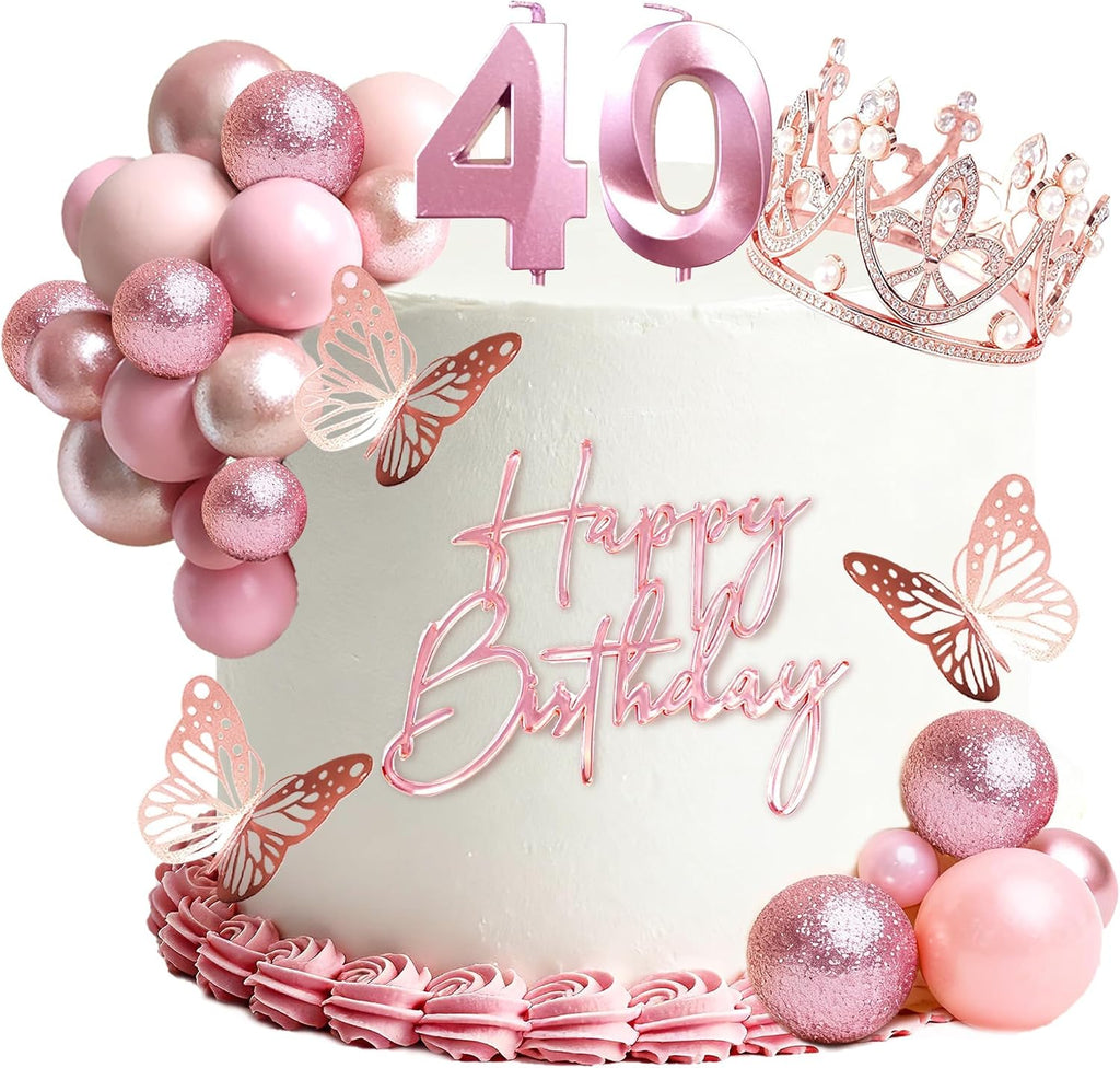 40th Birthday Cake Topper Set, Rose Gold Balls Cake Toppers with Happy Birthday Crown Tiara, Numeral 40 Candle and Birthday Candles for 40 Birthday Party Decorations (40th)