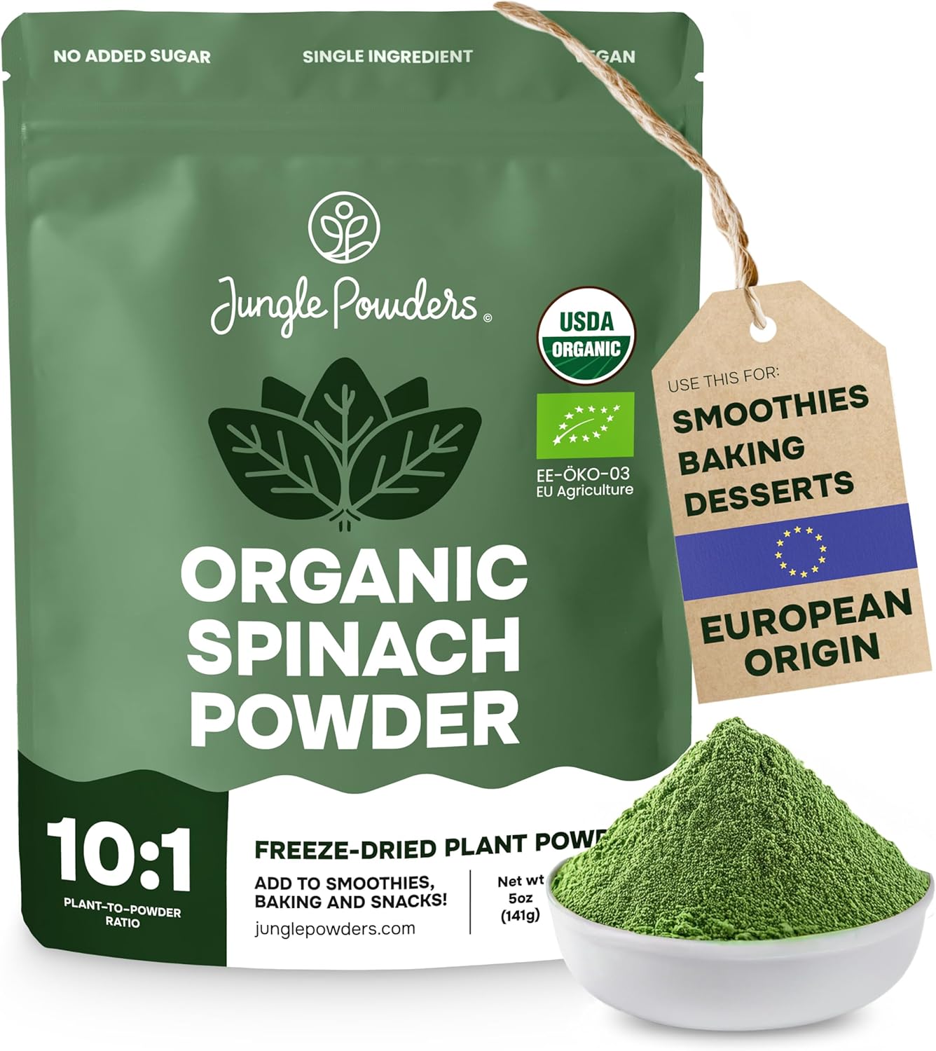 Organic Spinach Powder from Whole Leaf 5 Ounce Bag USDA Certified - Antioxidant Rich Smoothies Fresh Freeze Dried Spinach Leaves Extract for Immune Support - Espinaca Rich In Beneficial Thylakoids