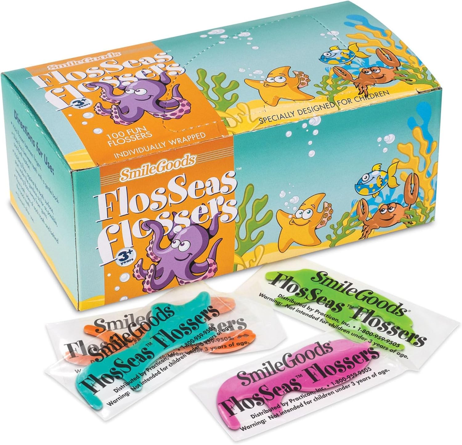 Practicon SmileGoods FlosSeas Flossers, Individually Wrapped Kids Flossers, Sea Animal Shaped Flosser for Children, Box of 200
