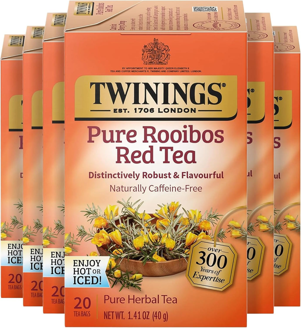 Twinings Pure Rooibos Red Herbal Tea Individually Wrapped Bags, 20 Count (Pack of 6), Sweet with Uplifting Aroma, Naturally Caffeine-Free, Enjoy Hot or Iced, 120 Teabags