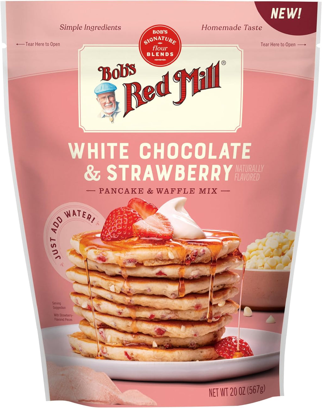 Bob’s Red Mill White Chocolate & Strawberry Pancake/Waffle Mix, 20 Ounce (Pack of 1) – Just Add Water, Makes 32-40 Pancakes per Bag