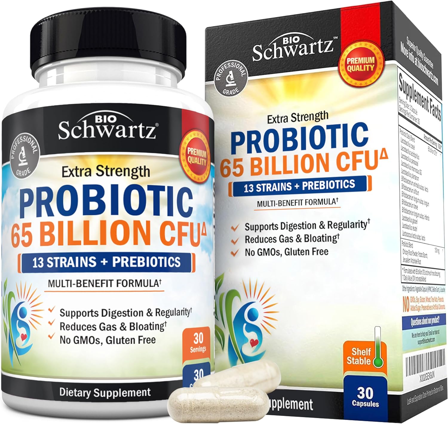 Probiotic 65 Billion - Probiotics with Prebiotic for Women & Men - Lactobacillus Acidophilus Digestive Health Capsules - Targeted Release Technology - Shelf Stable Supplement Non-GMO Dairy Free-30ct