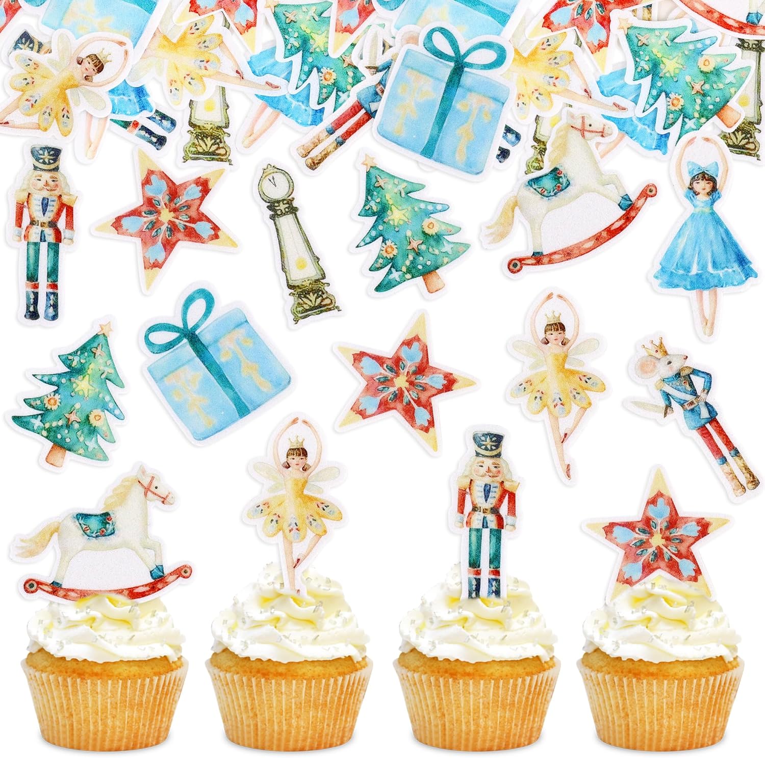 45 Pcs Edible Nutcracker Cupcake Toppers & Picks, for Christmas Birthday Baby Shower Party Decor, Holiday Treat Decorations for Kids