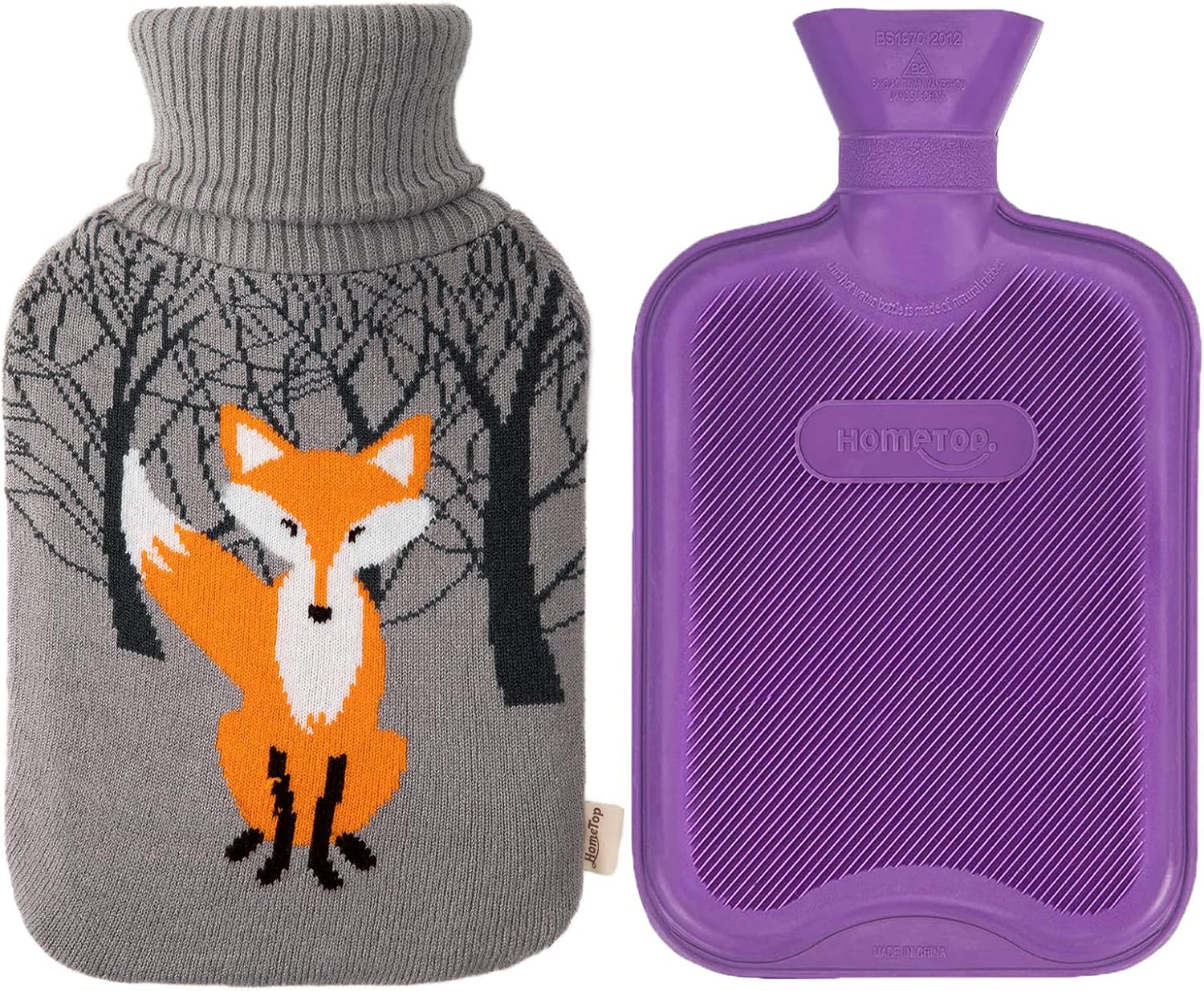 HomeTop Premium Classic Rubber Hot Water Bottle with Cute Fox Knit Cover