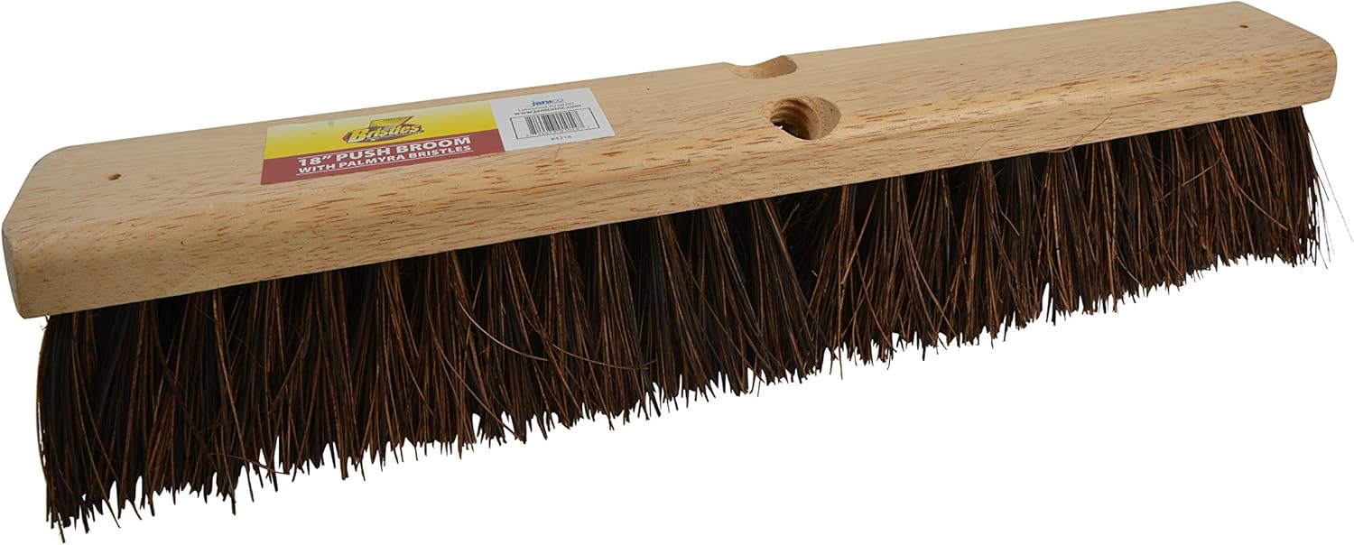 Bristles 4218 18” Outdoor Push Broom Head – Heavy Duty Hardwood Block, Rough Surface Stiff Palmyra Fibers, Brown