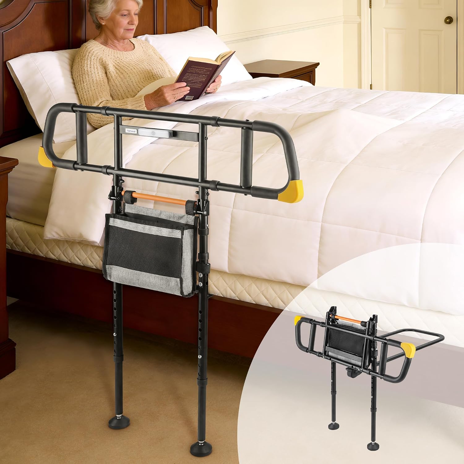 C5 Pro Bed Rails for Elderly Adults Safety - Foldable Bed Assist Rail with Adjustable Height, Bed Cane with Non-Slip Wider Handrail, Motion Sensor Light Fits King Queen Twin Beds