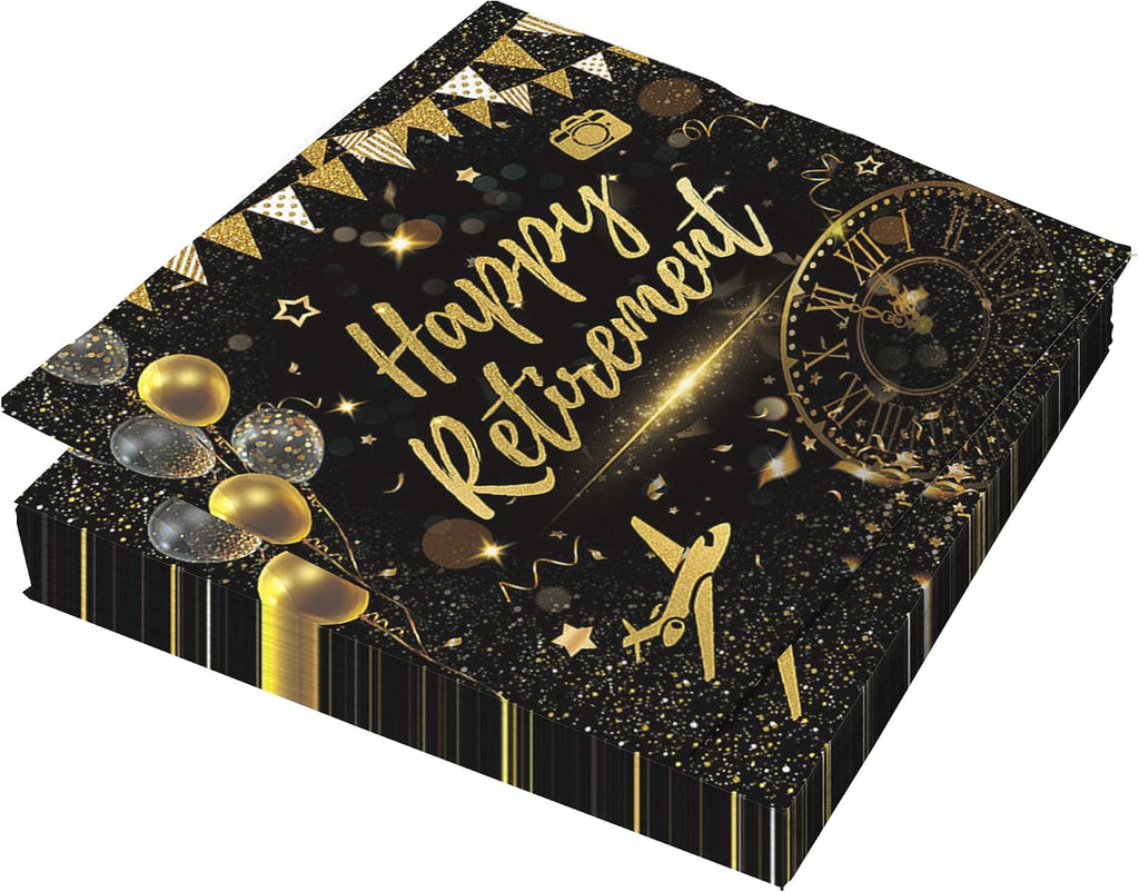 20 Pack Happy Retirement Napkins Black Gold Retirement Party Decorations Disposable Dinner Paper Napkins Farewell Cocktail Napkins for Women Men Retirement Party Supplies,6.5 * 6.5inch Folded