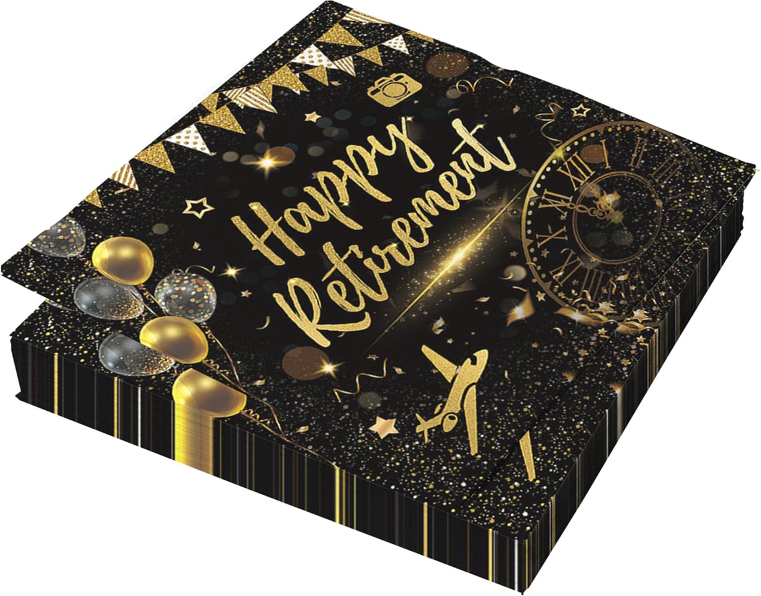 20 Pack Happy Retirement Napkins Black Gold Retirement Party Decorations Disposable Dinner Paper Napkins Farewell Cocktail Napkins for Women Men Retirement Party Supplies,6.5 * 6.5inch Folded