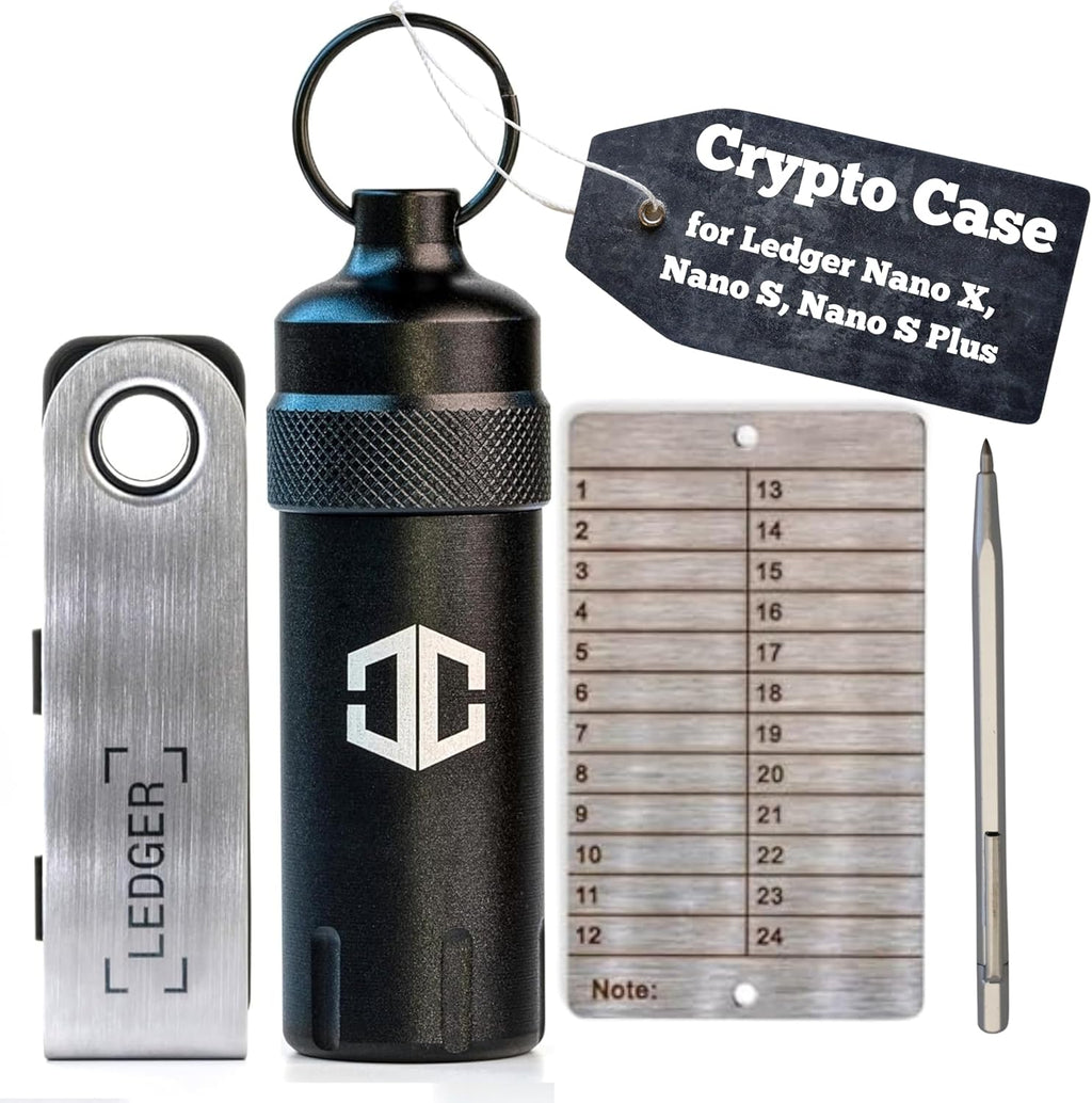 Aluminum Waterproof Case for Ledger Nano X, Nano S, Nano S Plus - Shockproof, Portable Hardware Cold Wallet for Ledger - 24 Word Seed Phrase Plate and Engraving Pen Included