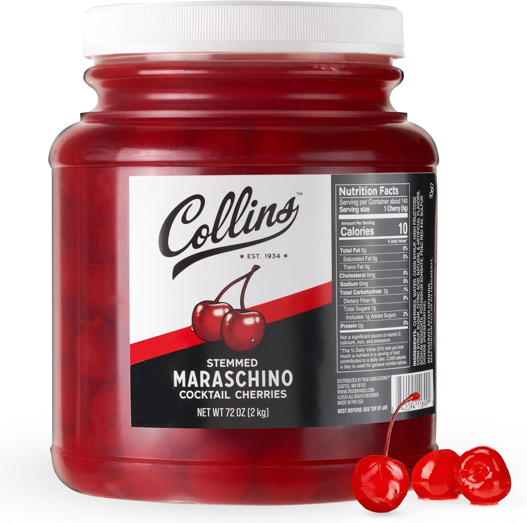 Collins 72 oz Stemmed Maraschino Cherries, Bulk Cocktail Garnish for Mocktails, Desserts and Ice Cream Sundaes, Bright Red Cherries with Stems for Party Supply, Food Service & Bars, 4.5 Pound Jar