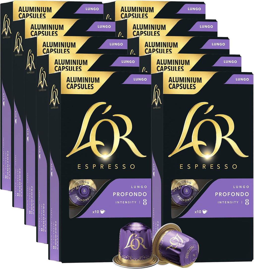 L'OR Espresso Capsules, 100 Count Profondo Lungo, Single-Serve Aluminum Coffee Capsules Compatible with the L'OR BARISTA System & *Nespresso Original Machines