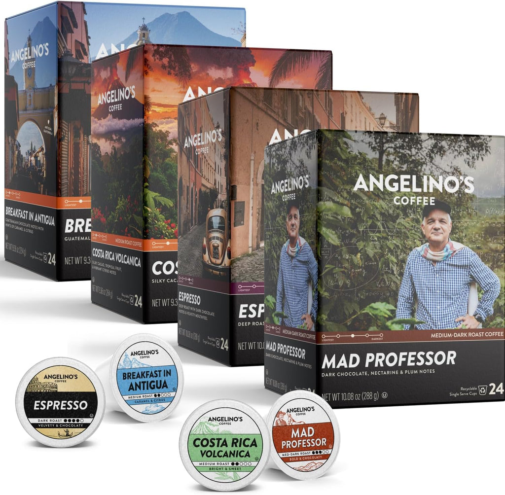 Angelino's Coffee Pods Variety Pack - Reserve Collection Medium & Dark Roast - 96 Count Single Serve K-Cup Compatible Capsules - Includes Costa Rica, Breakfast in Antigua, Mad Professor & Espresso