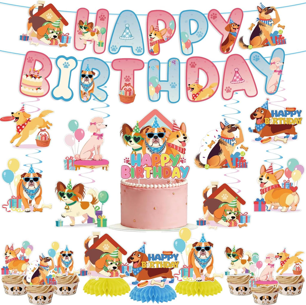 35PCS Dog Birthday Decorations - Easy Setup - Includes Banner, Hanging Swirls, Honeycomb & Cake Topper - Designed For Dog Lovers