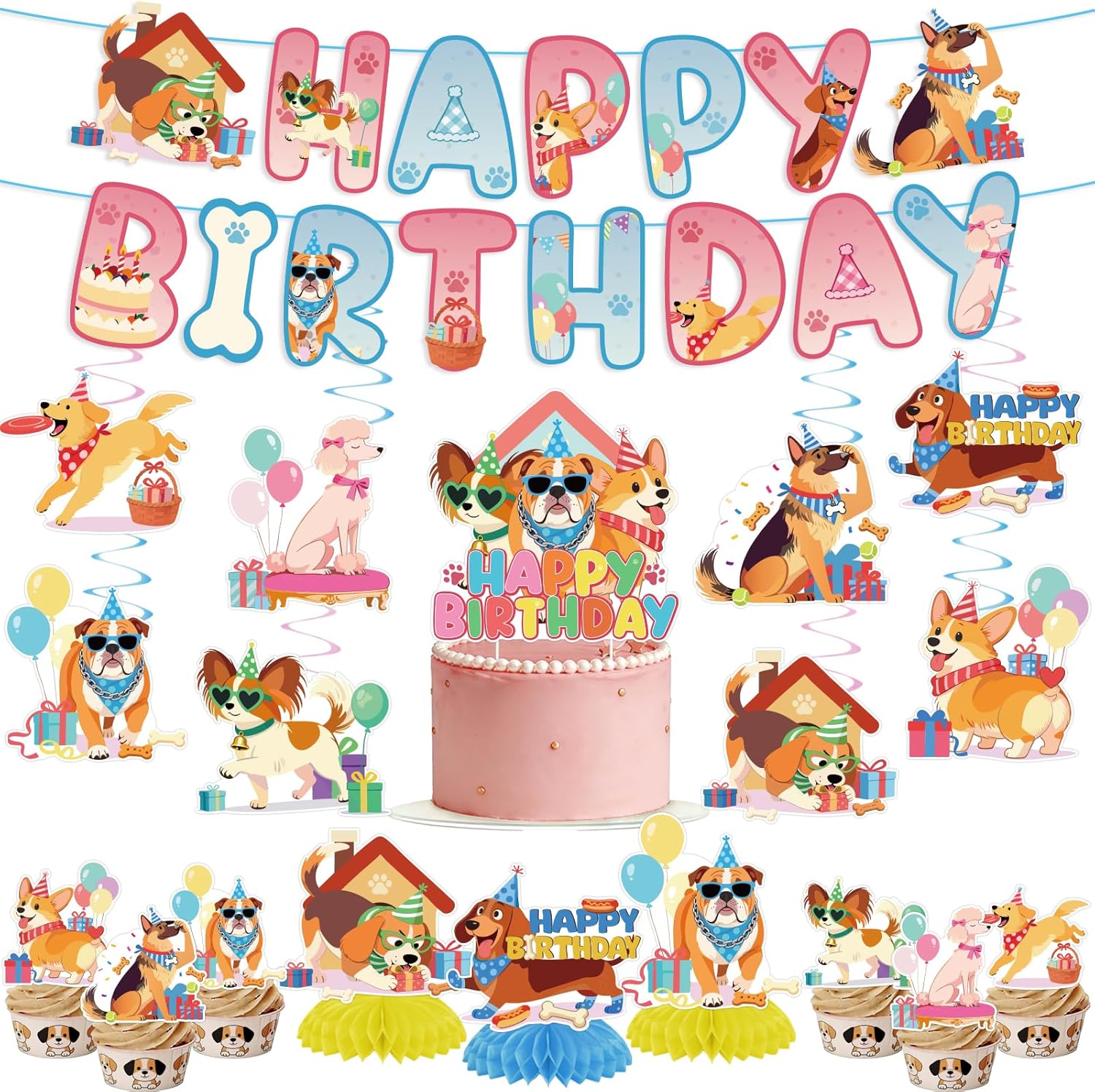 35PCS Dog Birthday Decorations - Easy Setup - Includes Banner, Hanging Swirls, Honeycomb & Cake Topper - Designed For Dog Lovers