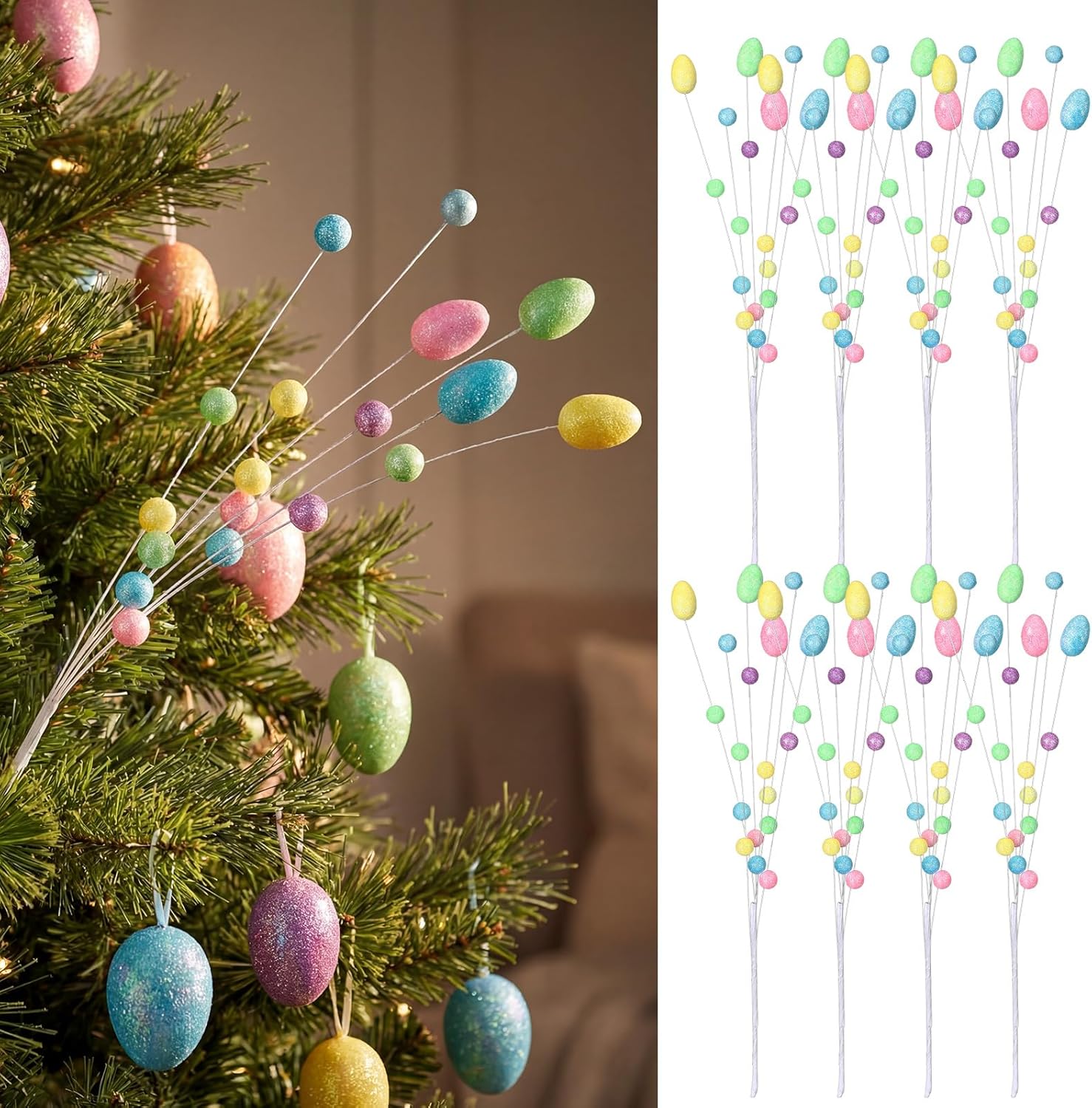 Zeyune 8 Pack 17 Inch Easter Pastel Egg Picks Glitter Spring Foam Eggs Berries Branches Stems Easter Tree Decoration for Spring Vase Floral Arrangement Table Centerpiece Wreath Decoration