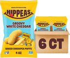 HIPPEAS Chickpea Puffs, Groovy White Cheddar, Gluten Free Snacks, Dairy Free, Vegan, 4oz, Pack of 6, 3g Protein, 2g Fiber, Crunchy, Nutritious, Baked Plant Protein Snack, Non-GMO, Kosher