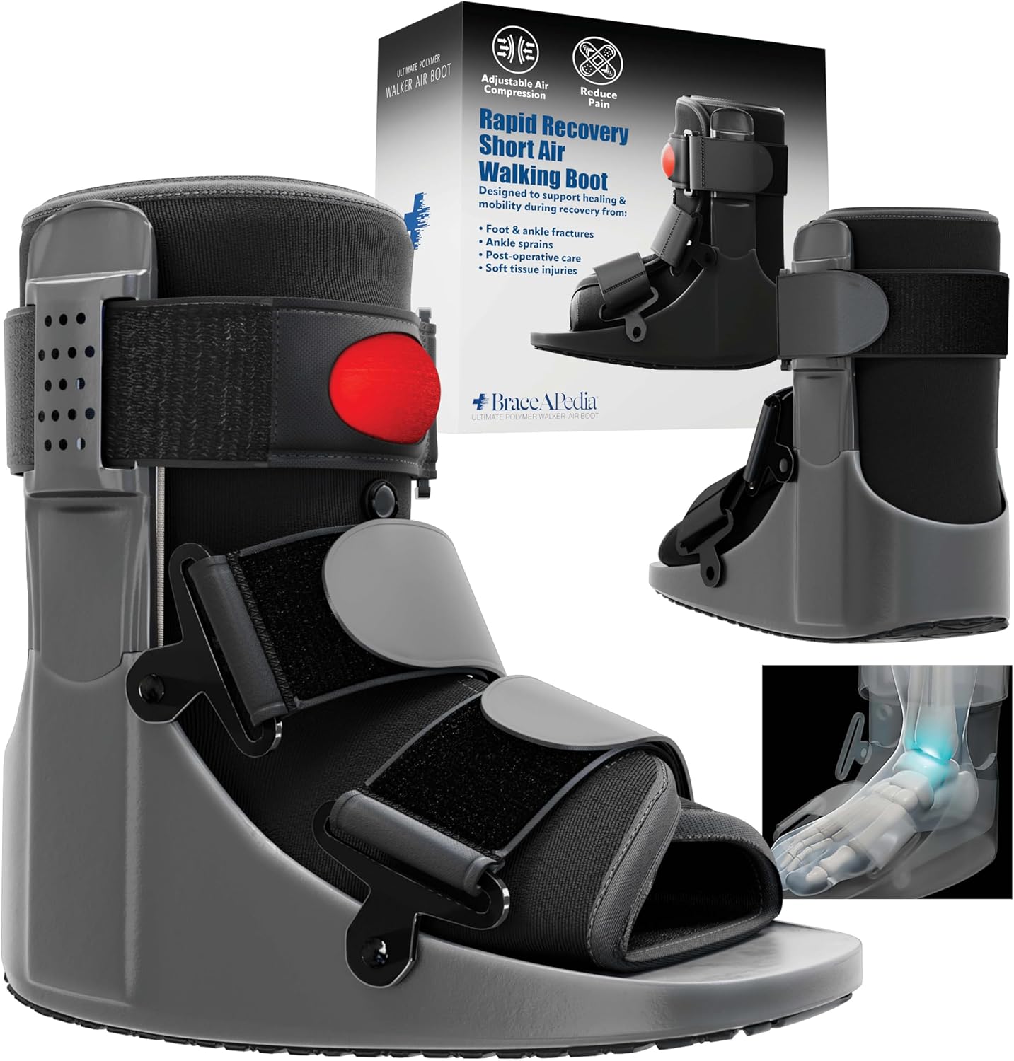Rapid Recover Short Walking Boot, Fracture Boot, Medical Grade Foot Brace for Fractures, Ankle Boot & Brace, Adjustable Air Pump, Sprain & Injury Recovery, Post Op Shoe, Foot Boot for Injured Foot, Medium, Black